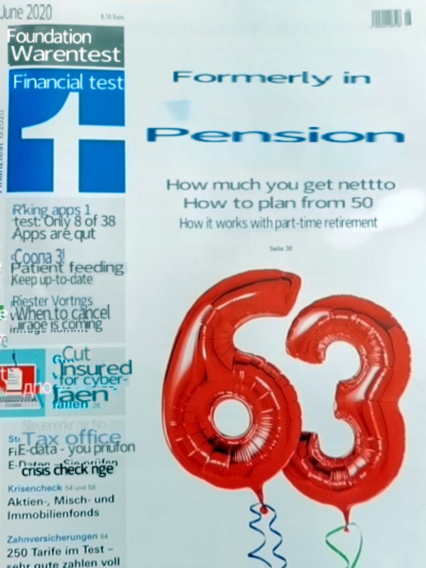 Titelseite der Zeitschrift Finanztest vom Huawei P40 pro automatisch ins Englische übersetzt